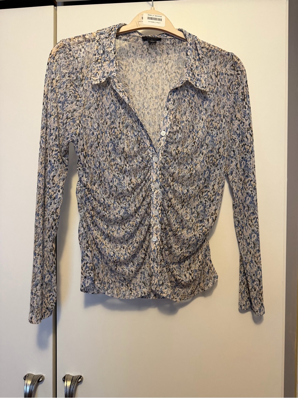 Halogen Blue Floral Ruched Button-Down Shirt